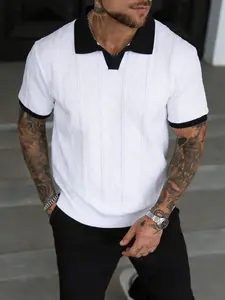 Men's Knitted Polo Shirt, Contrast Collar and Sleeves, Textured Diamond Pattern, Casual and Business Retro Style, Daily Wear