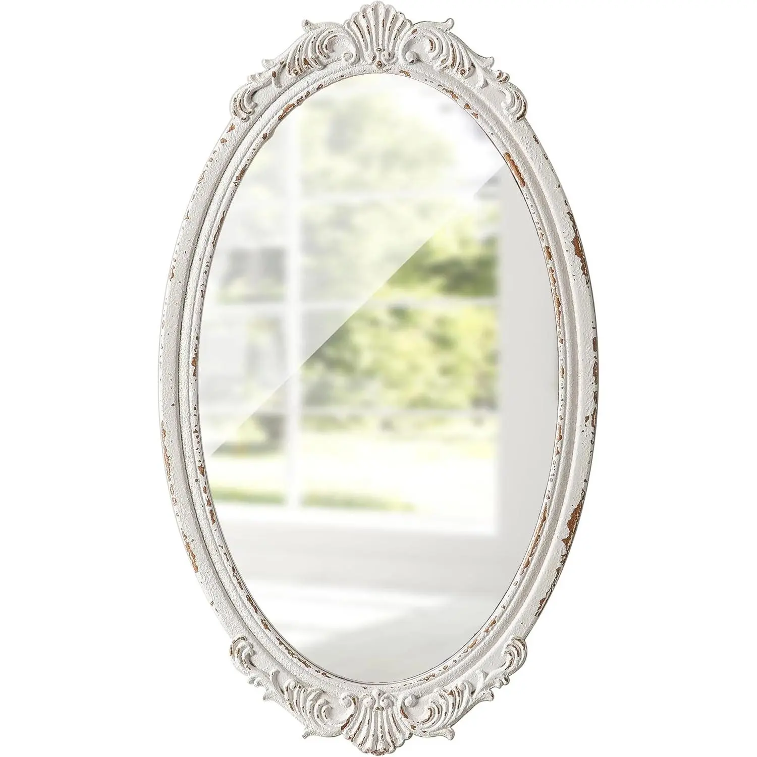 Antique Arendahl Glam Ornate Oval Mirror 24" X 14" | Hanging Distressed White Vintage Wood Mirrors for Wall Decor Living Room Bathroom Entryway, Horizontal or Vertical