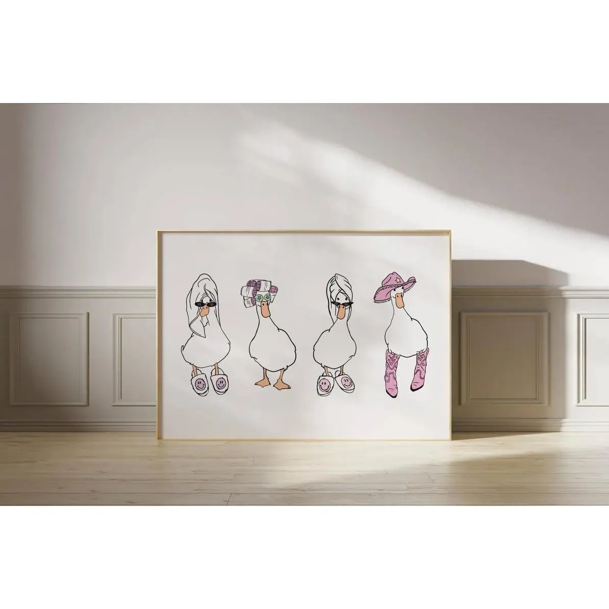 Ducks Towel Cowboy and Curlers *it girl* Art Print White and Pink *SHOWER HEAD* Bathroom Cute Trendy Printable Wall Art, Casual Style, Retro Styles, Bring Back the Classics