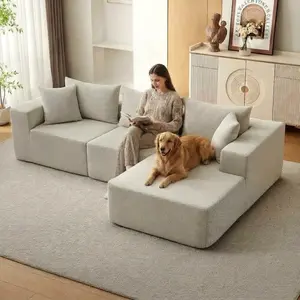 108" L Shaped Convertible Sofa Bed & Couch Bed, Cotton Linen Fabric Elegant & Soft Cloud Couch with Right-Facing Chaise, No-Assembly Customizable Seating Modular Sectional for Living Room Daily Relaxation, Beige