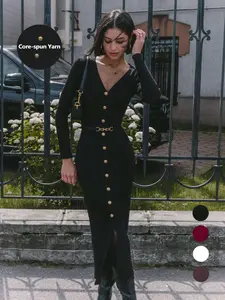 Elegant Women's Knit Dress, V Neckline, Single Button Design, Split Hem, Perfect for Parties & Events, Fall Winter Fashion