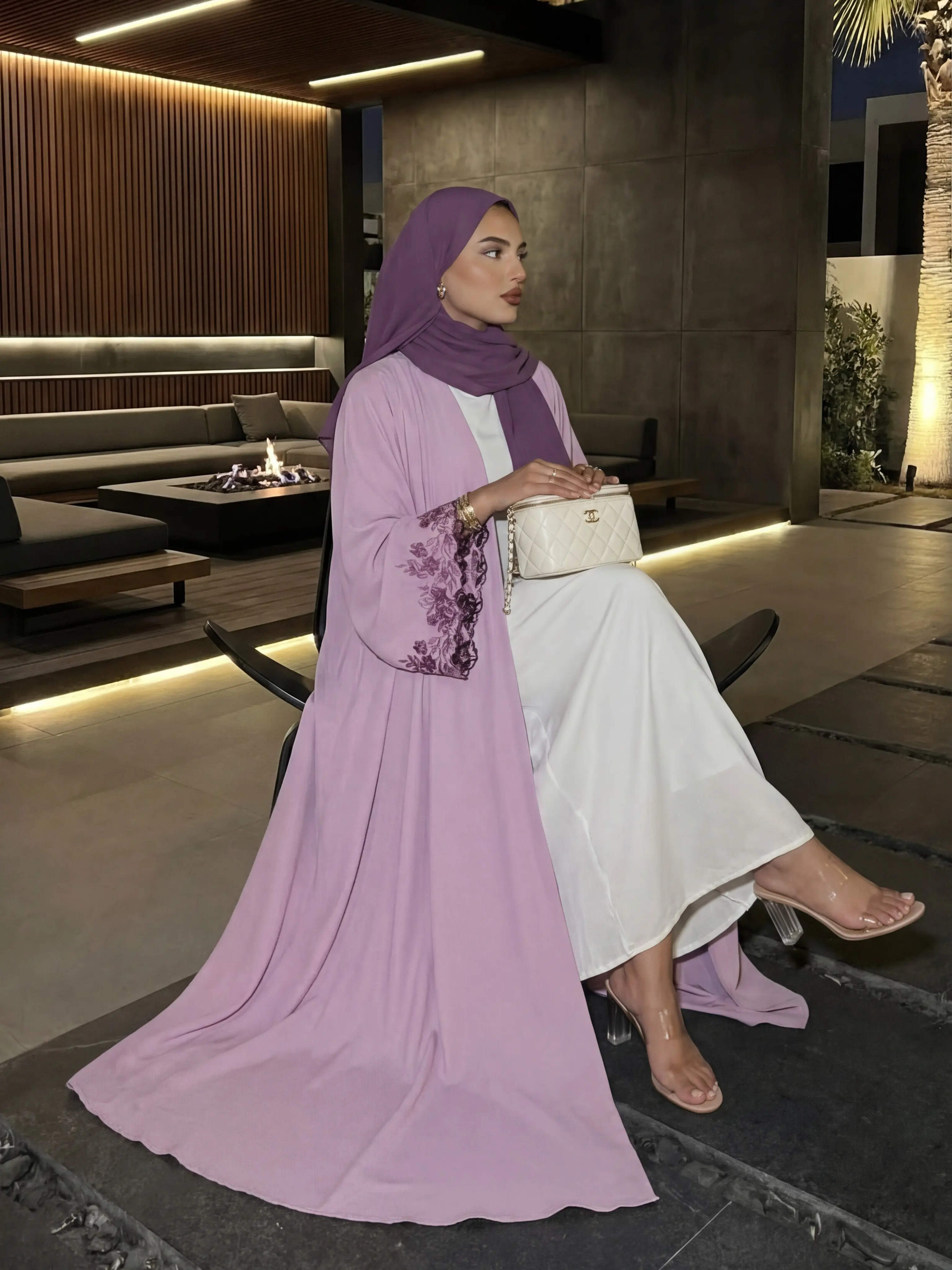 #CL78 Embroidered Floral Sleeve Abaya & Hijab Set – Soft Elegant Modest Ensemble with Contrast Hue Details for Daily Wear & Casual Gatherings