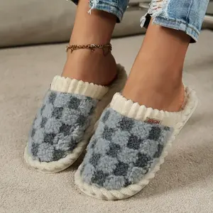 Women's Plaid Pattern Indoor Slippers Comfortable Warm Cotton Upper with PVC Sole Non-Slip Soft Bottom Quiet Fuzzy House Shoes for Winter Footwear