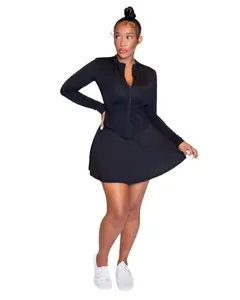 Doll Next Door Set - Black Cropped Zip-Up Jacket & Flared Mini Skirt with Built-In Shorts for All Seasons Women's Activewear