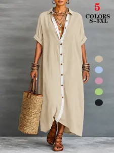 2026 New Arrival Summer Dresses for Women, Womenswear, Minimalist Color Block Shirt Dress, Casual Loose Fit, Breathable Lightweight, Daily Wear, Office, Vacation