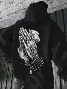 Men's Black Pullover Hoodie Praying Hands & Money Graphic Dark Streetwear Casual Sweatshirt Edgy Contrast Vibe Effortless Comfort