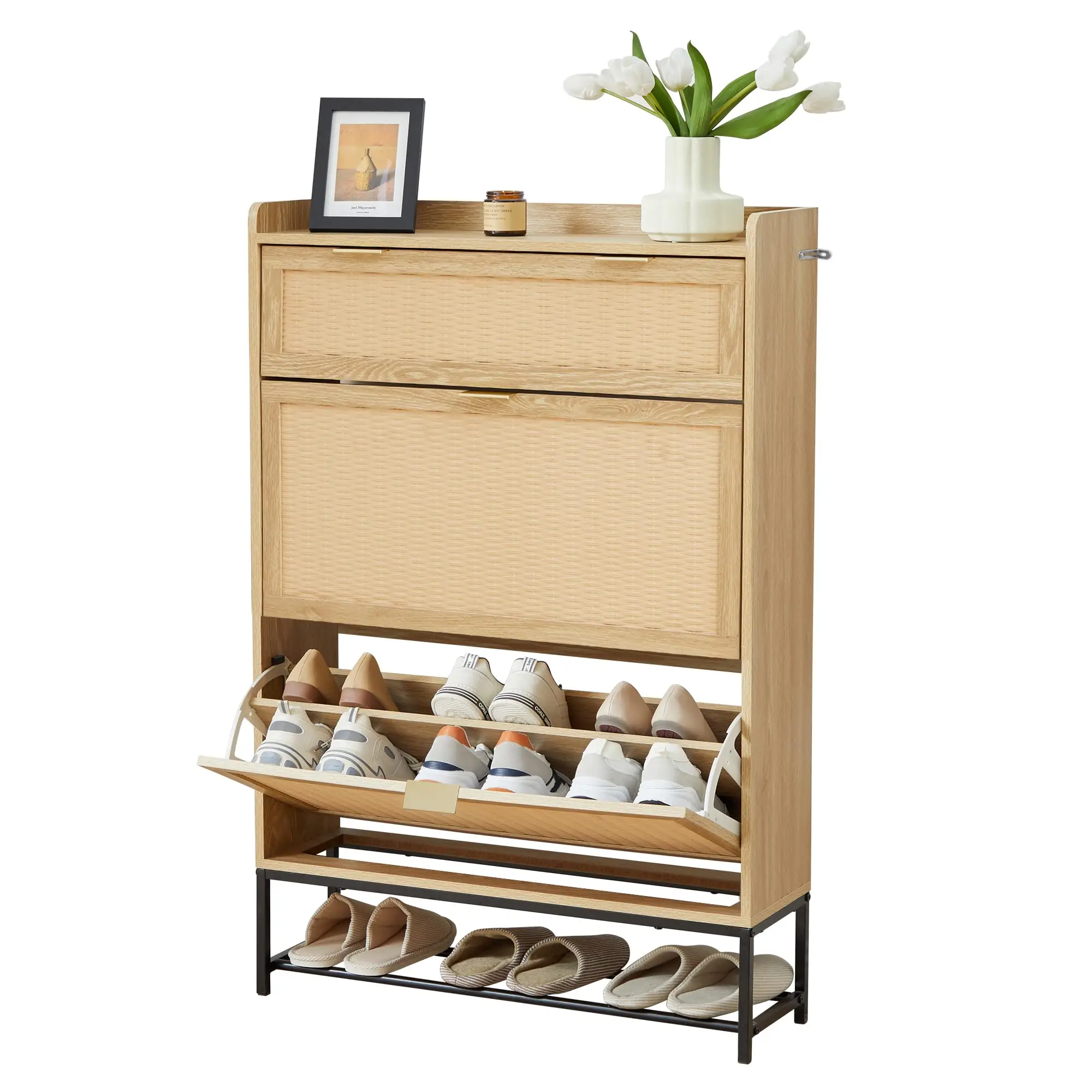 Giratree Shoe Cabinet for Entryway Slim, Free Standing Narrow Shoe Rack Cabinet Rattan Carving, 2 Flip Drawer Shoe Storage Organizer Cabinet for Close