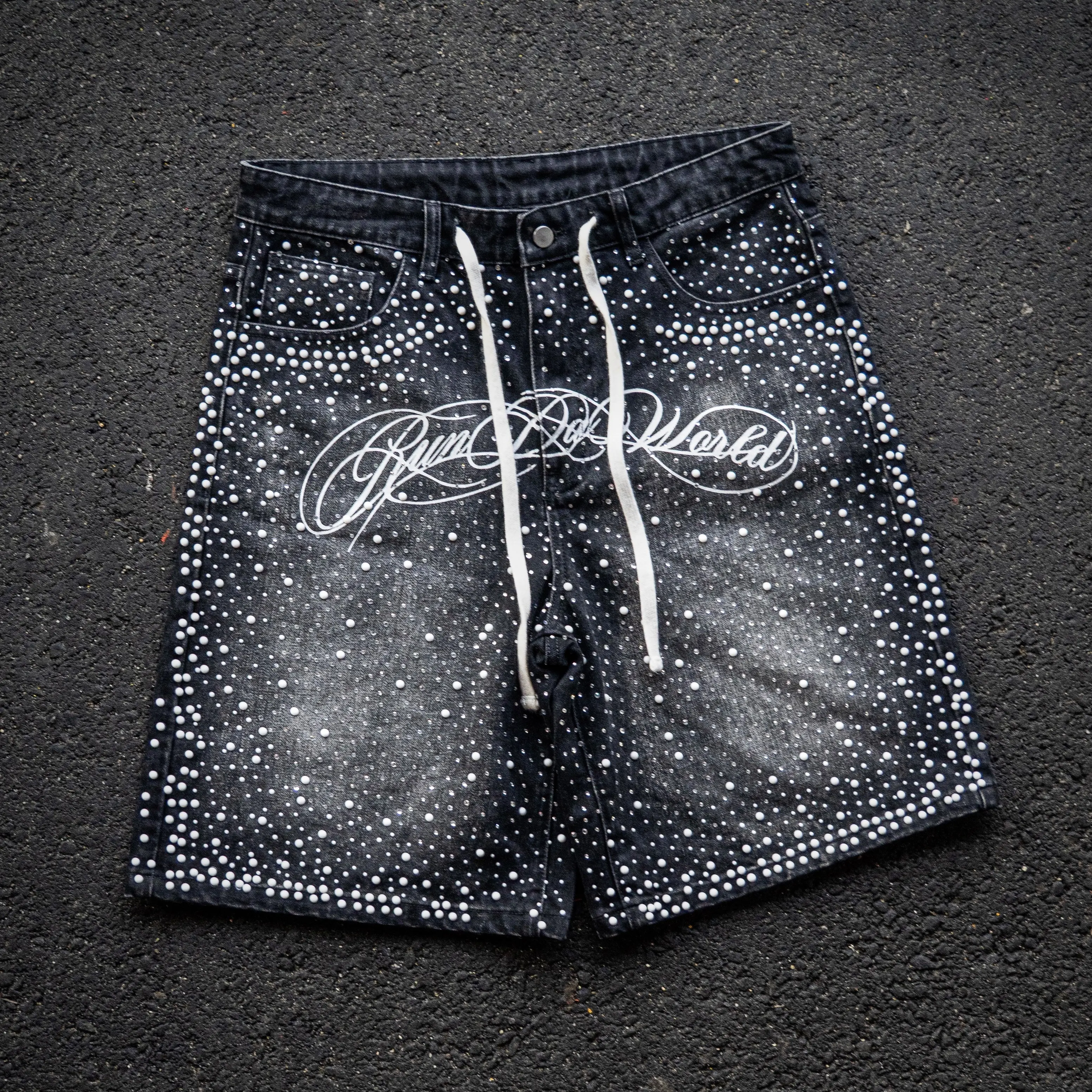 RDW "Run Da World" Rhinestone Pearl Black Denim Jorts — 14oz Washed Cotton Shorts