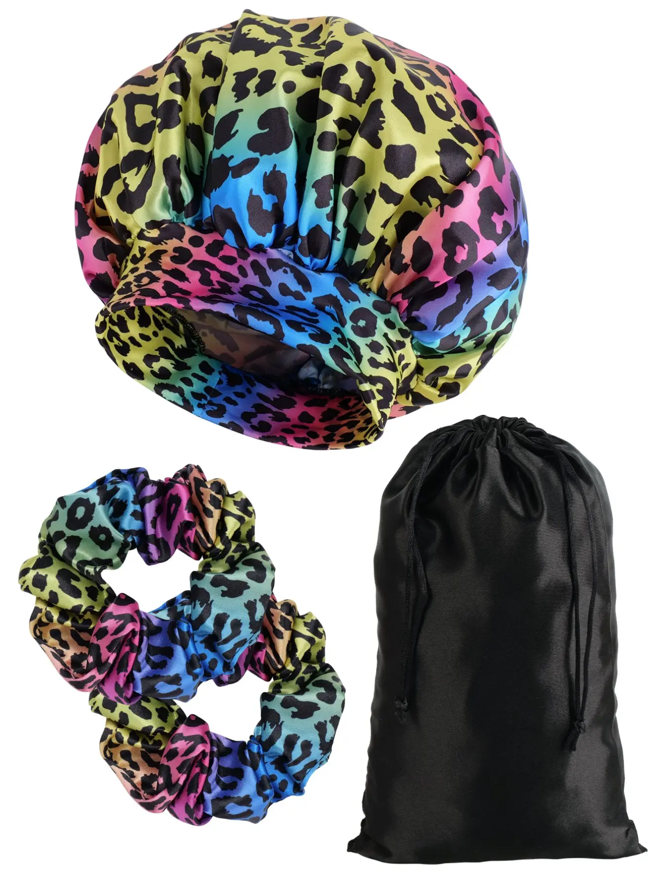 Women's Luxury Fashion Leopard Print Sleep Cap with Two Small Hair Ties and Storage Bag, Soft Comfortable Haircare Sleeping Hat for Travel, Hair Bonnets