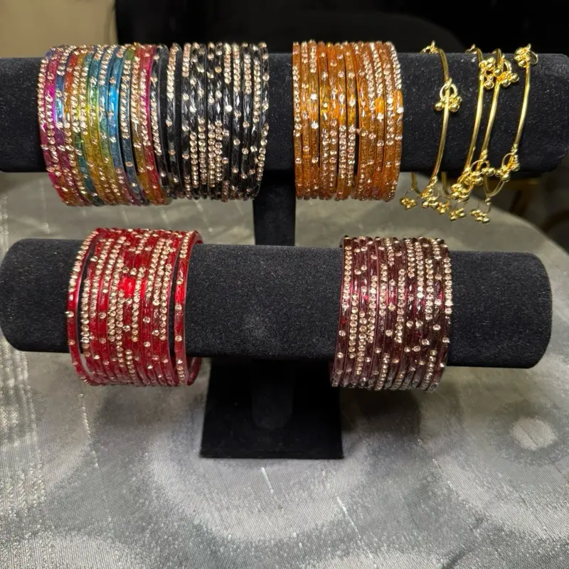 Glass Bangles Set 12pcs with 4pcs Kashmiri Gugru Bangles Vibrant Colors for Festive Wear size 2.6”and 2.4”Perfect for Celebrations and Parties