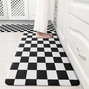 Black Checkered Grid Checkerboard Kitchen Rug Sets [2 PCs], Anti-Fatigue, Waterproof Non-Slip Kitchen Mats Heavy Duty Ergonomic Comfort Foam Rug for Floor, Home, Laundry,17"x29"+17"x47"
