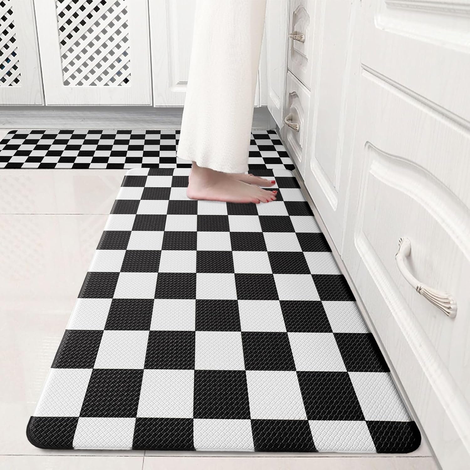 Black Checkered Grid Checkerboard Kitchen Rug Sets [2 PCs], Anti-Fatigue, Waterproof Non-Slip Kitchen Mats Heavy Duty Ergonomic Comfort Foam Rug for Floor, Home, Laundry,17"x29"+17"x47"