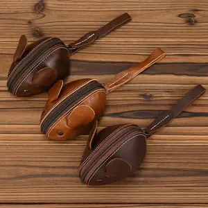 Genuine Leather Coin Purse for Men and Women, Small Zipper Mouse Design Wallets, Durable Crazy Horse Skin Card Holder, Exquisite Wallet