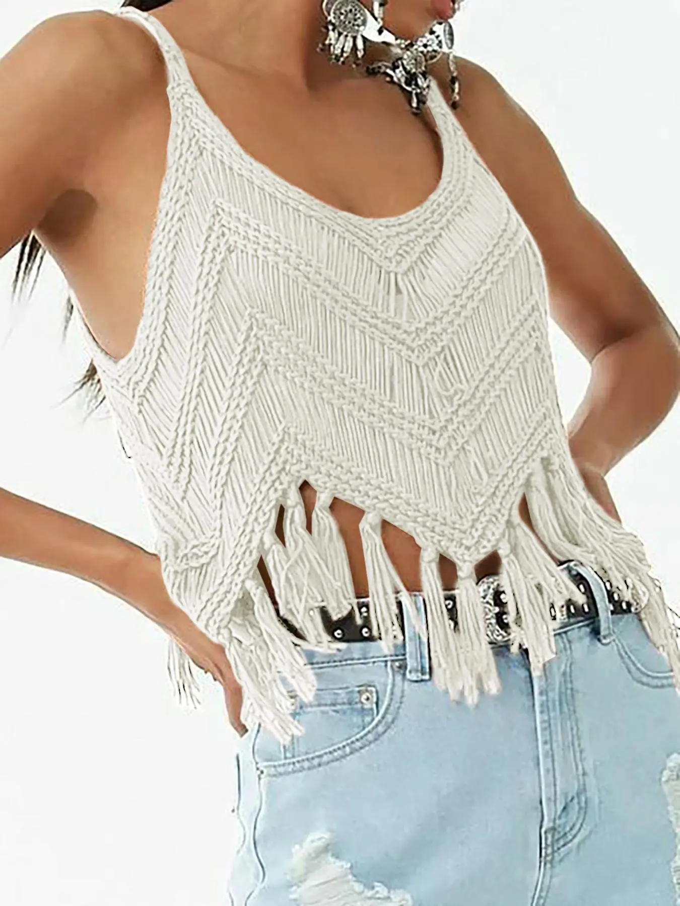 Women's Plain Fringe Trim Cami Top, Casual Sleeveless Top for Summer, Fashion Women's Knitwear for Daily Wear