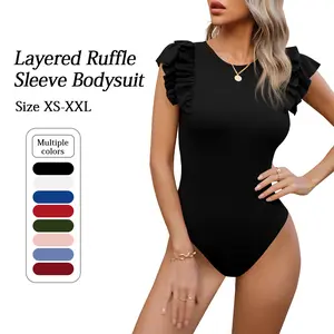 Women's Summer Ruffle Flutter Sleeve Ribbed Casual Bodysuit Tops , Basic Comfortable Crewneck Breathable Fabric Fashion Womenswear Button