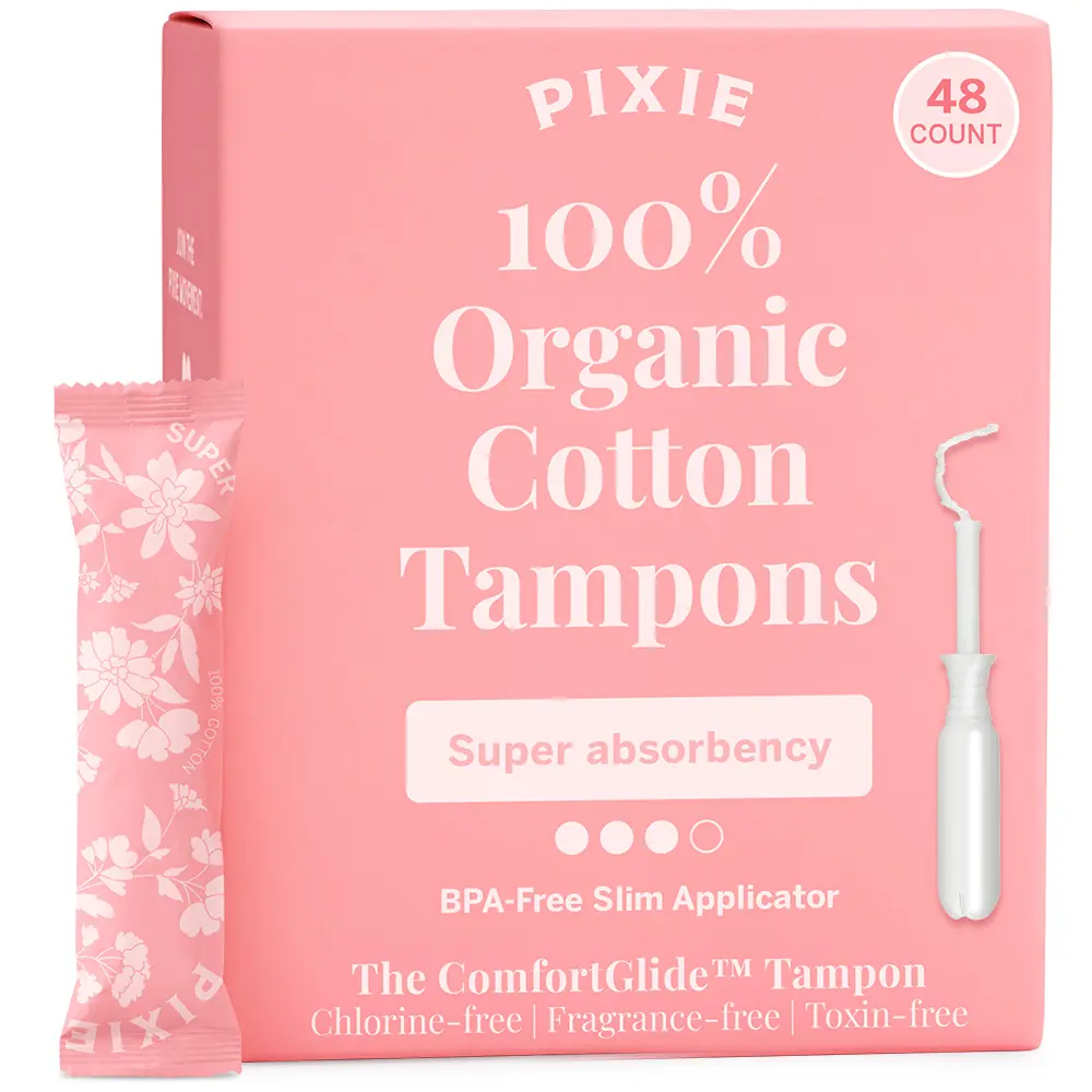 Pixie Organic Cotton Tampons – Super Absorbency – BPA-Free Long Applicator – Unscented, Chlorine-Free Feminine Care – 48 Count