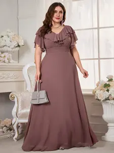 Elegant V-Neck Ruffled Sleeve Waist Cinched Pleated Solid Color Chiffon Long Maxi Dress, Bridesmaid Gown, Party Wear