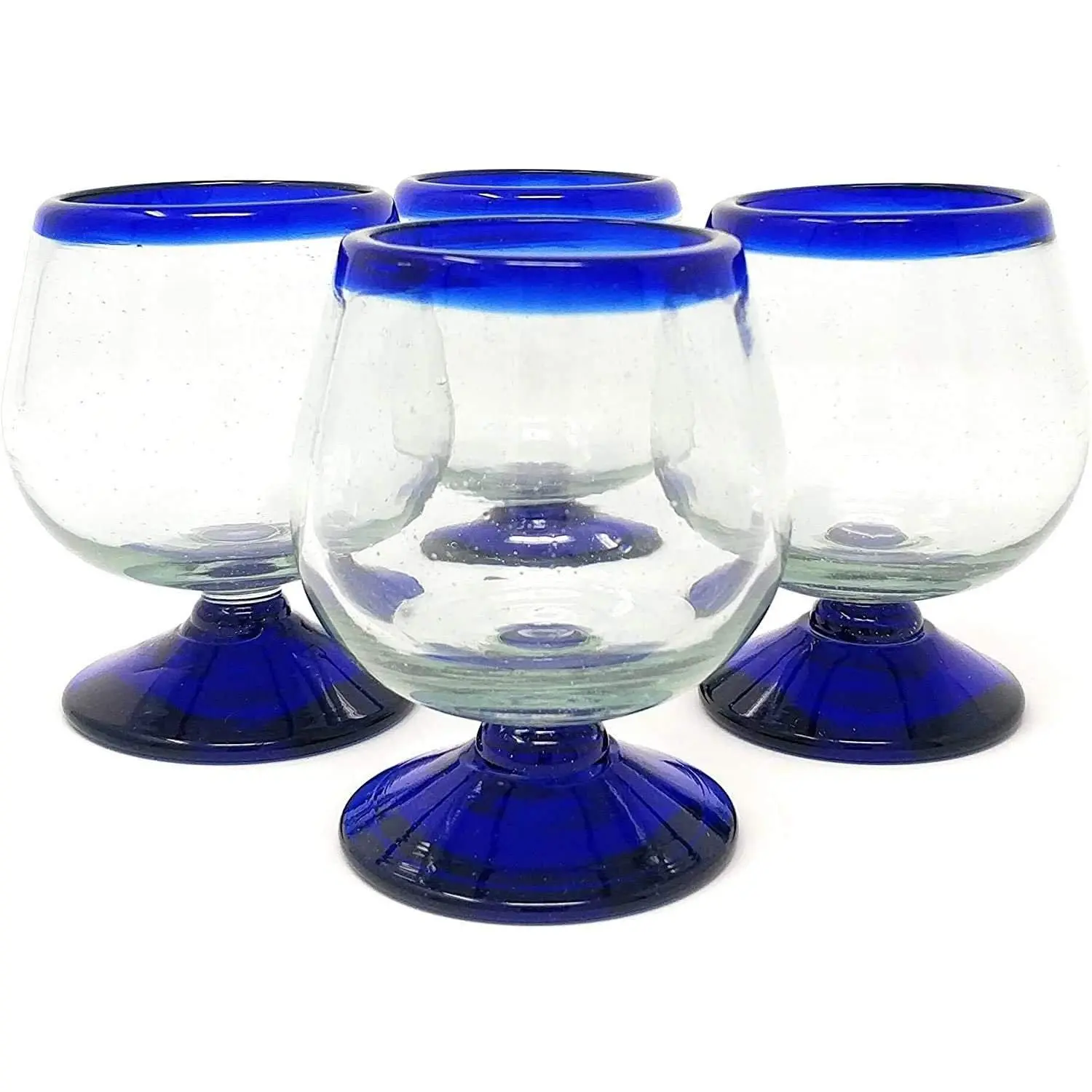 Cobalt Blue Rim Cognac Snifter Tequila Glasses - Set of 4 (7 oz each)