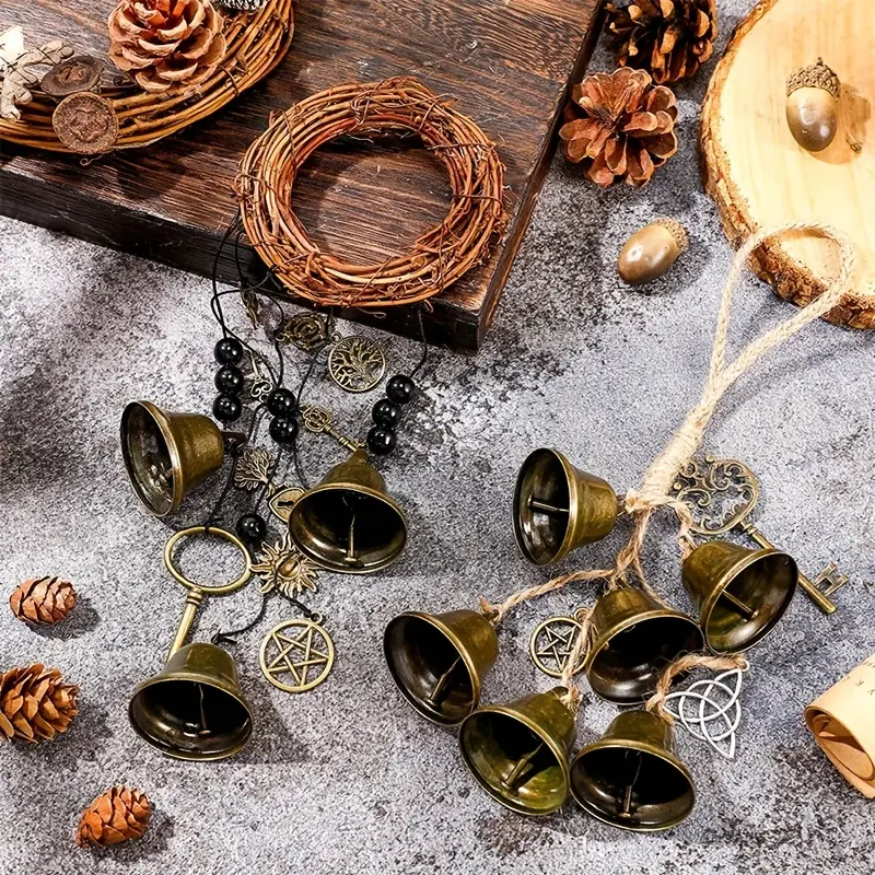 13-in Brown Handmade Witch Guardian Wind Chime Wreath - Hangable Front Door Decor with 6 Bells & Various Accessories, Vintage Witchcraft Room Decoration for Witchcraft Lovers, Home Supplies Ornament