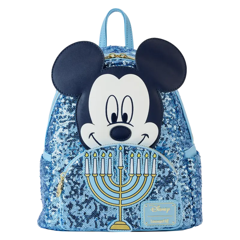 Disney Mickey Mouse Happy Hanukkah Glow in the Dark Mini Backpack, Sequin Vegan Leather Bag for Festival of Lights, Hanukkah Celebration, Mickey Happy