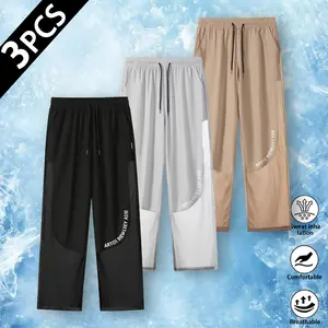 Men’s 3-Pack Mesh Vent Straight Leg Quick Dry Pants, Elastic Drawstring Waist Athletic Track Pants with Side Breathable Mesh Panel & Letter Print, Ultra Sweat-Wicking Lightweight Summer Trousers, Loose Wide Fit for Running, Gym Training, Outdoor & Daily S