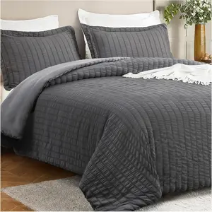 King Comforter Grey, Seersucker Comforters King Size, 3 Lightweight Down Alternative Comforter Sets, Fluffy Comforter with 2 Shams 106x90