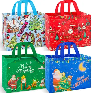 4PCS Multifunctional Non-Woven Christmas Bags for Gifts Wrapping Shopping - Treat Bags with Handles, Xmas Party Supplies