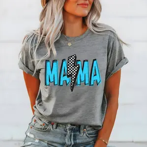 Mama Blue Checker Bolt Soft & Comfy Tee - Gray Crew Neck or Hooded Style Premium Materials Fashionable Everyday Wear