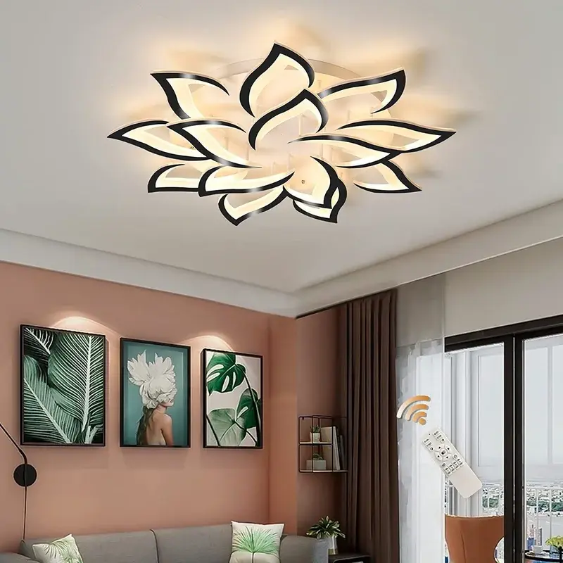 Garwarm Modern Ceiling Lights,Dimmable LED Flush Mount Ceiling Lamp with Remote Control,Black Acrylic Leaf Ceiling Light Fixture for Living Room Dining Room Bedroom 98W