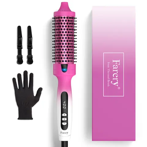 Farery Hot Bristle Hair Straightener Iron - Digital Display, 9-Temp Thermal Brush, Low Temp Start, Frizz Control, Dual Voltage, US Plug, for Blowout Hair, Curls and Waves, Radiant Blowout Routine, Quick Hairstyle Solutions