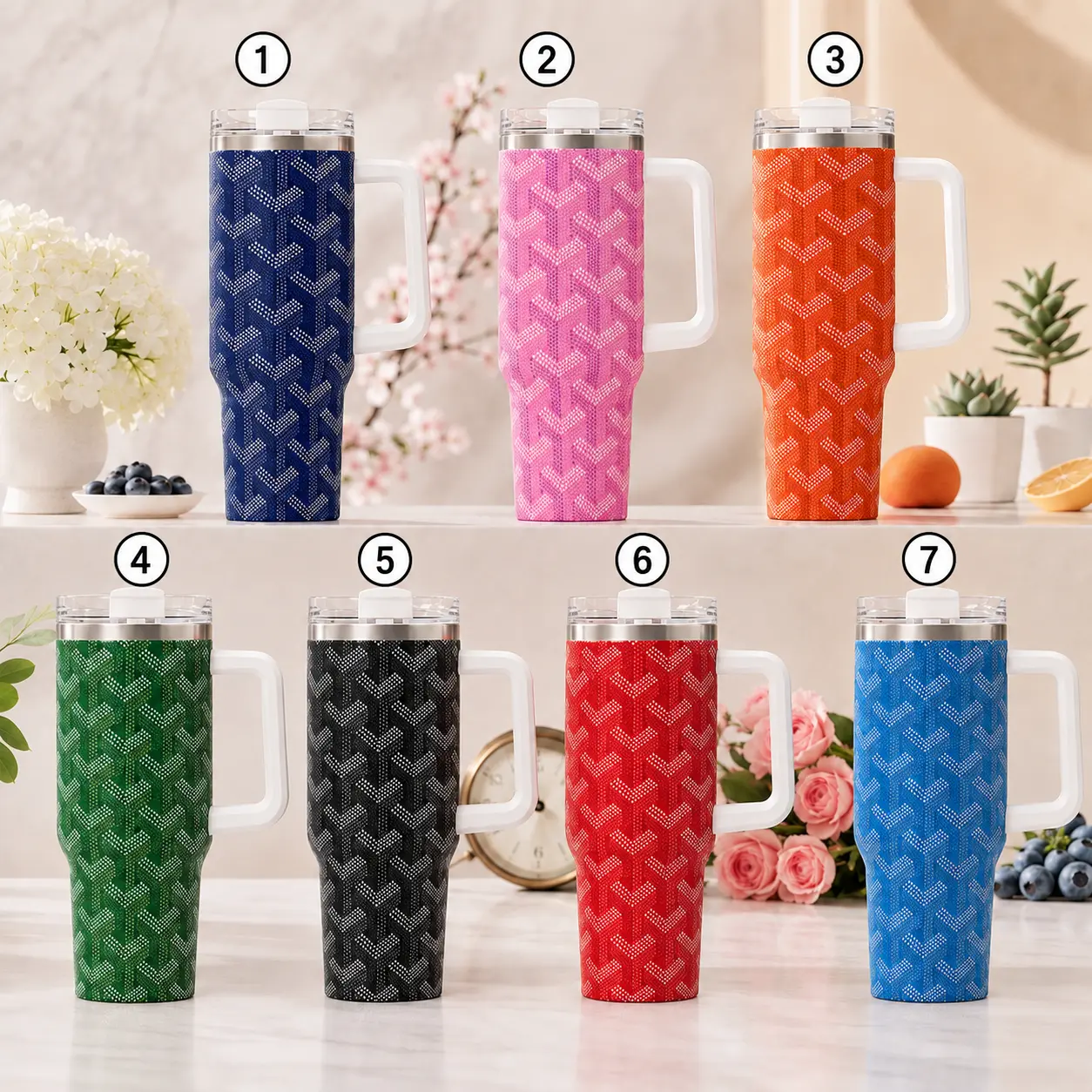 Luxury High-End Parisian Dogtooth Print Pattern 40oz20oz Tumbler with Handle & Straw, Stainless Steel Double Wall Vacuum Insulated Travel Mug, Luxury Chic Aesthetic Edition, Keeps Drinks Hot & Cold