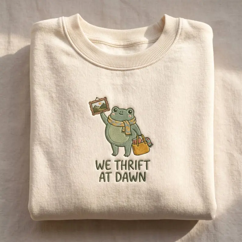 Thrift Lover Sweatshirt, Embroidered Cute Frog Crewneck, We Thrift at Dawn Shirt, Funny Vintage Shopper Gift, Cottagecore Fall Top