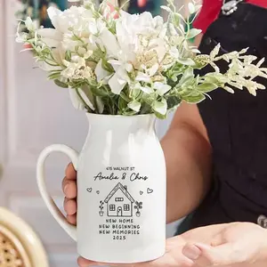 Personalized Ceramic Flower Vase Custom Text New Home Address Vase Housewarming Gift Minimal White Pitcher Vase Spring Home Decor Room Decor Table Centerpiece Gift For Couple Gift For Family Gift For Her Newlyweds Homeowners