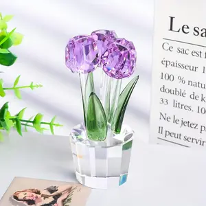 Tulips Glass Flowers Figurines Crystal Decor Collectibles Purple Bouquet Ornaments Tulip Gifts for Women on Anniversary Wedding Christmas Valentines Mothers Day Room