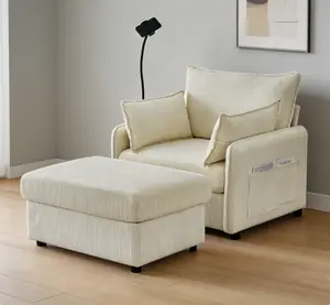 55 Inch Beige Oversized Corduroy Chaise Lounge, Comfy Deep Seat Single Sofa with Ottoman, Built-in Storage and Pillows, Stylish Space-Saving Furniture for Home