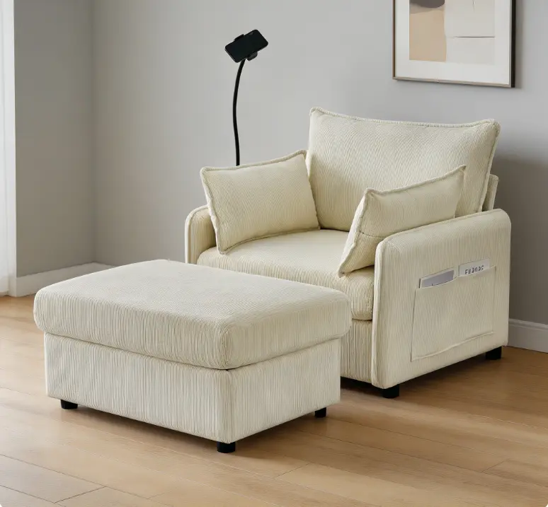 55 Inch Beige Oversized Corduroy Chaise Lounge, Comfy Deep Seat Single Sofa with Ottoman, Built-in Storage and Pillows, Stylish Space-Saving Furniture for Home