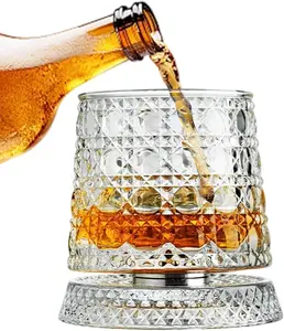 Spinning Whiskey Glasses Set, 360 Degree Rotating Old Fashioned Crystal Tumbler with Unique Relief Base, Rotatable Cocktail Wine Cup for Flavor, Drinking Glassware & Bar Accessories