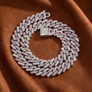 2Pcs 14mm Cuban Link Chain Women Ice Out Miami Cuban Necklac and Bracelet Pink Color Bling Diamond Hip Hop Jewelry for Men Women Rapper