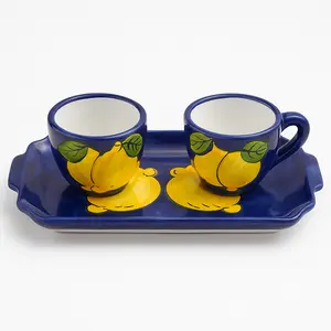 Sorrento Ceramic Espresso Cup Set with Tray – Lemon Design (Handmade in Italy)