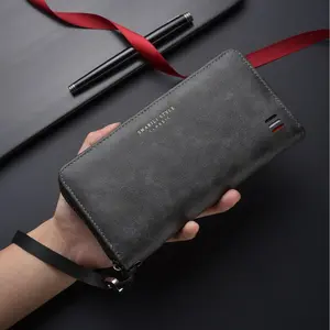 2026 Men's Long Zip-Around Faux Leather Wallet with Wrist Strap 2-Fold Letter Accent Classic Style for Everyday Use Modern Accessory