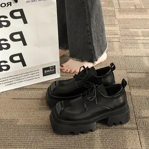 Black Platform Shoes in an Retro Style Featuring a Square Toe And a Lace-Up Design., Women Shoes