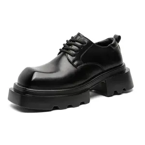 Unisex glossy leather geometric square toe lace-up casual footwear, thin rope lugs rear pull tab layered serrated platform sole street daily walking shoes