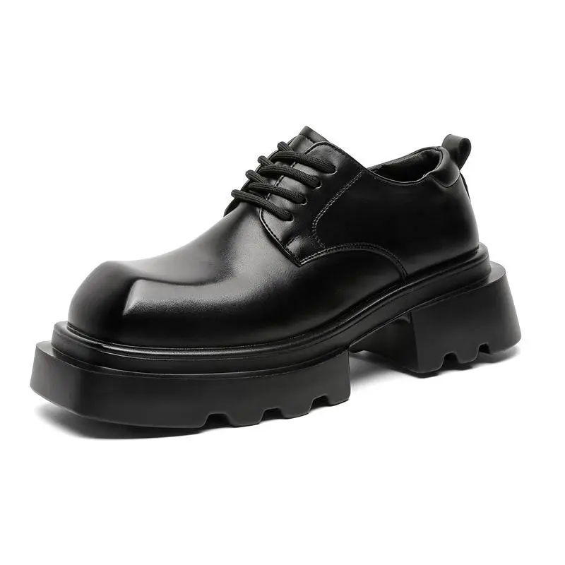 Unisex glossy leather geometric square toe lace-up casual footwear, thin rope lugs rear pull tab layered serrated platform sole street daily walking shoes