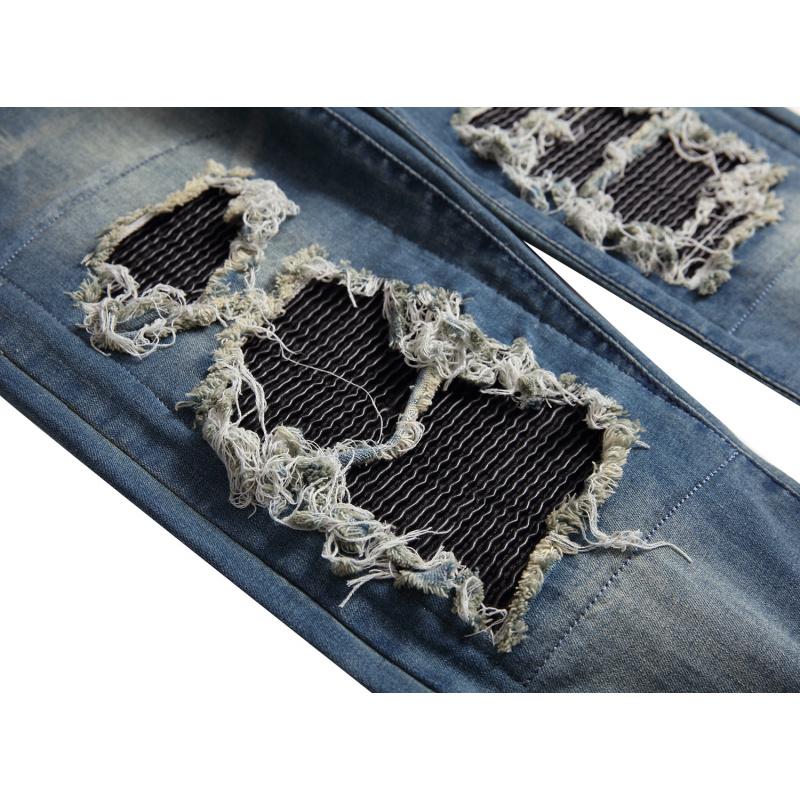 High Street Ripped Black Slim Fit Skinny Jeans for Men with Leather Patch and Stretch Men's Long Pants