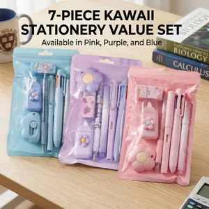 New Stationery Set Kawaii School Supplies Office Supplies Women Girls affordable Stationery Kit Including Ballpoint Pens Pencil Highlighter Correction Tape Ruler Eraser,Kawaii color School Supplies for desk,valentines day for kids Student Essentials Learn