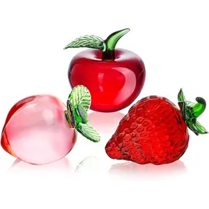 Set of 3 Crystal Fruits Decoration for Home Kitchen Glass Red Strawberry Apple Peach Fruit Figurines Glass Fruits Decor for Wedding Birthday Tabletop Centerpiece