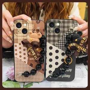 Bear bracelet Back Cover Phone Case For iphone15 Plus Skin-friendly feel cute Black pearl pendant Cartoon soft case Simplicity silicone Anti-knock Dirt-resistant protective case