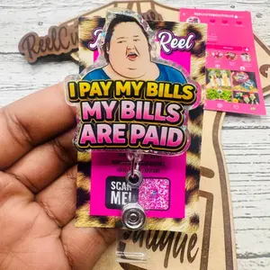 I Pay My Bills My Bills Are Paid Sparkly Retractable Badge Reel Cute Acrylic ID Holder For Registered Nurse RN LPN Teacher Gift