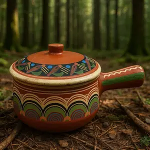VTG 1960's Mexican Redware Bean Pot W/Handle Casserole Tlaquepaque Hand Painted