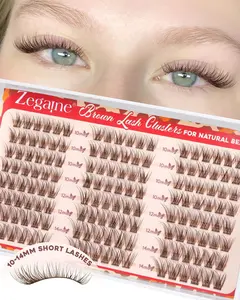 Zegaine Natural Brown Lash Clusters 10-12-14MM Clear Band Wispy Eyelash Extensions C-Curl Short Lashes for Daily Wear 144Pcs - Makeup